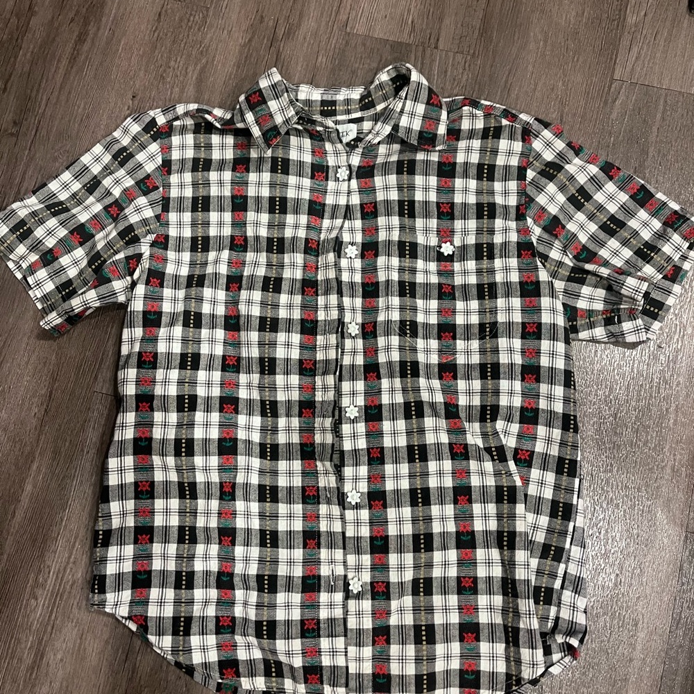 Cabin Creek Black & White Plaid Short-Sleeve Shirt with Red Accents